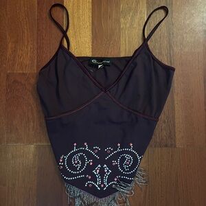 Vintage Y2K 00’s Butterfly Burgandy Cami Rhinestone Fringe Bedazzled Top Size S